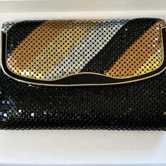 Vintage Black Silver Gold Link Mesh Evening Purse Clutch Crossbody Retro 80s - Picture 3 of 10